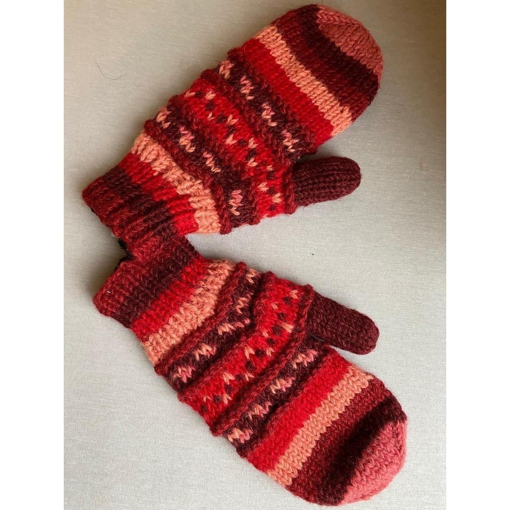 Red Wool Knit Fleece Upcycled Mittens OS Winter Warm SKU1